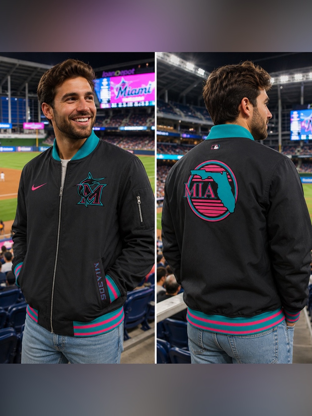 🆕 Miami Marlins Nike 2025 City Connect Authentic Bomber Jacket NWT Men’s Large